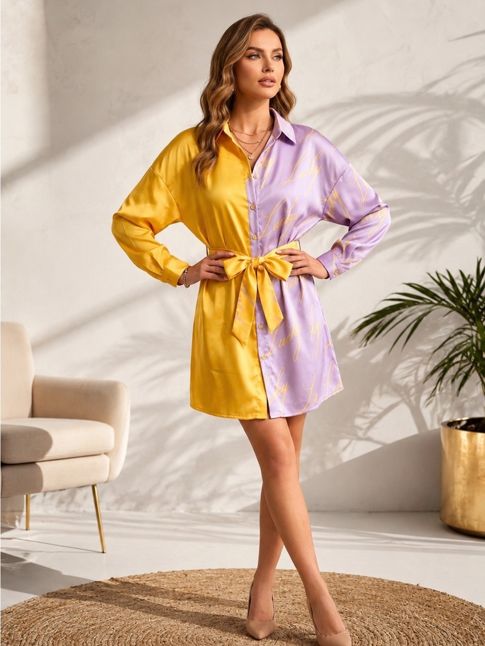 Two-Tone Yellow & Lavender Button-Front Shirt Dress